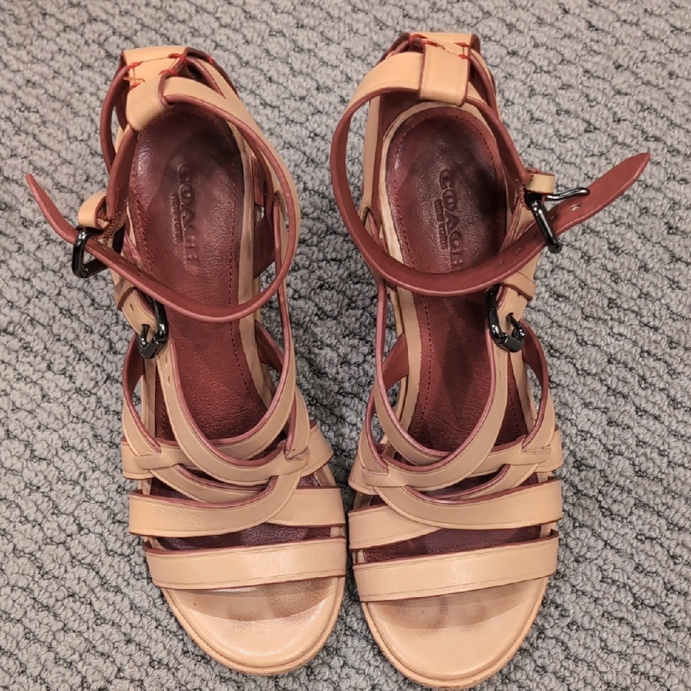 Coach Two-Tone Tan and Brown Leather Strappy Sandals